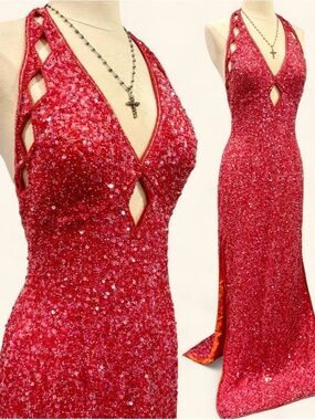 Vtg Scala Silk Beaded Sequin Halter Evening /Prom Dress/Gown size XL